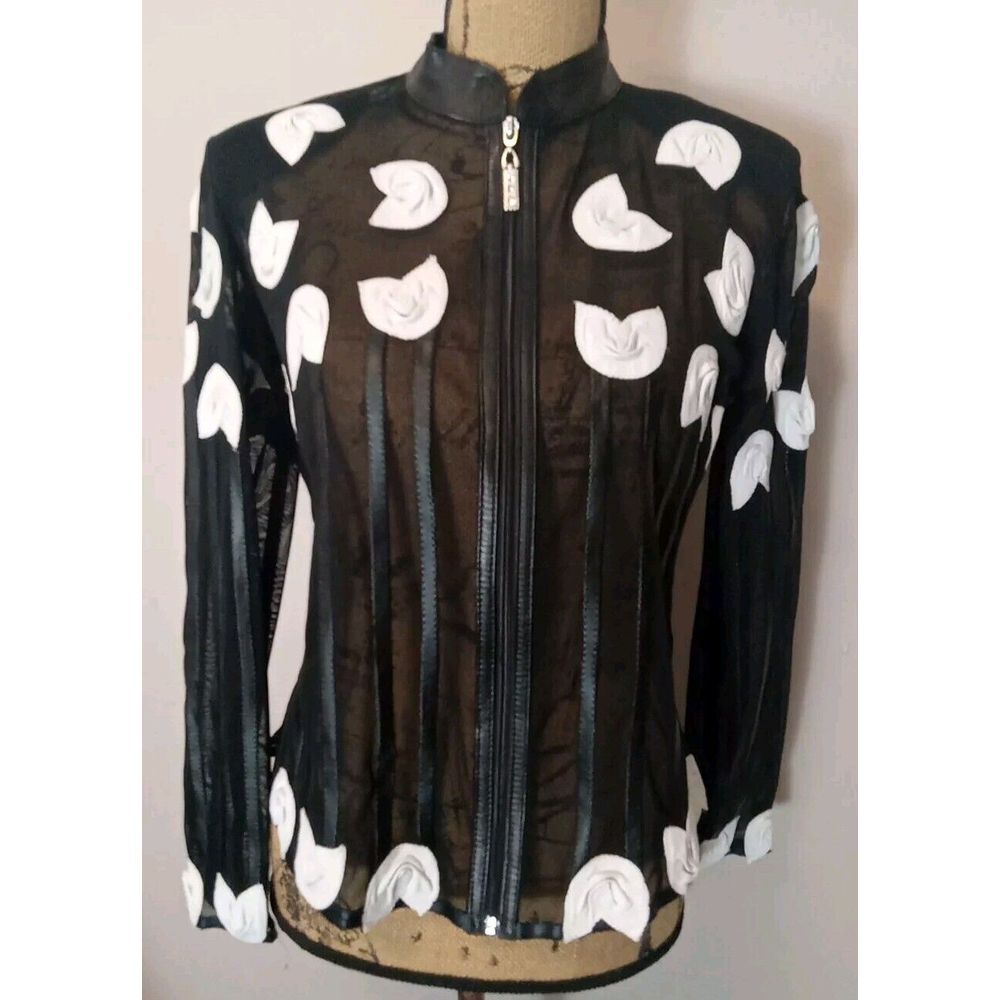 Echt‎ Leder Women Sheer Mesh Floral Leather Patch Corset Style Jacket Size M